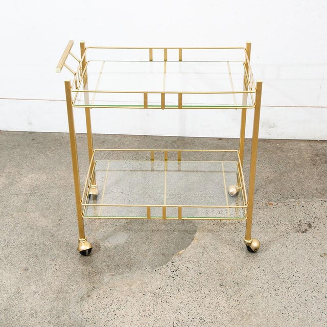 1960s Bar Cart Serving Trolley Brass Rolling Bar Glass 2 Tier Gold For Sale - Image 9 of 12