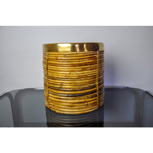 Hollywood Regency Rattan and Brass Basket, Italy, 1970s For Sale - Image 3 of 9