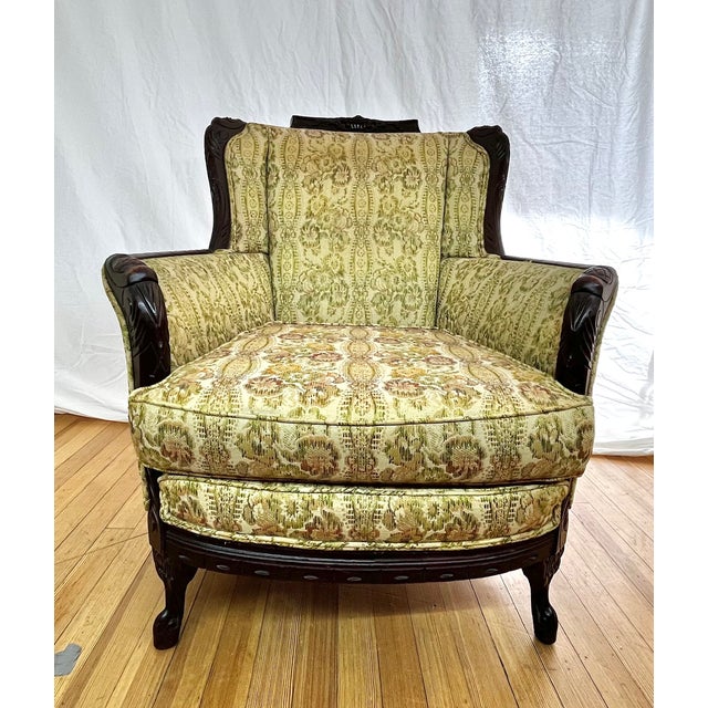 1930s Set of Vintage Louis XV Bergere Style Chairs With Carved Walnut Frames & Brocade Upholstery. For Sale - Image 5 of 14