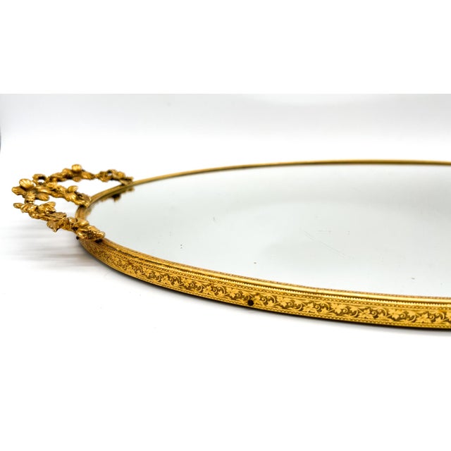 Hollywood Regency Mid-Century Oval Gilt Mirrored Tray With Floral Handles – Hollywood Regency / Italian Florentine Style For Sale - Image 3 of 12