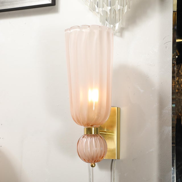 Rose Modernist Hand-Blown Fluted Murano Glass Sconces W/ Orbital Drop in Frosted Rose For Sale - Image 8 of 12