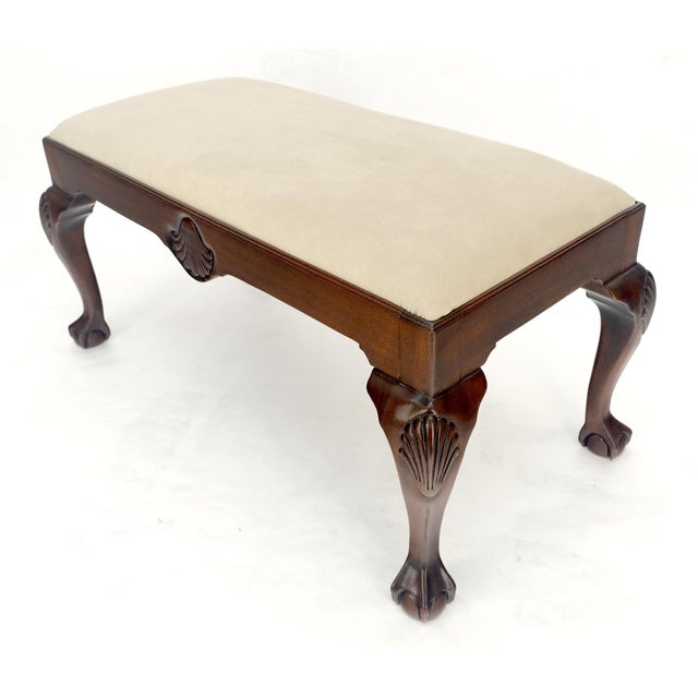 Heritage-Henredon Carved Mahogany Ball & Claw Chippendale Feet Ultra Suede Upholstery Bench MINT For Sale - Image 4 of 8