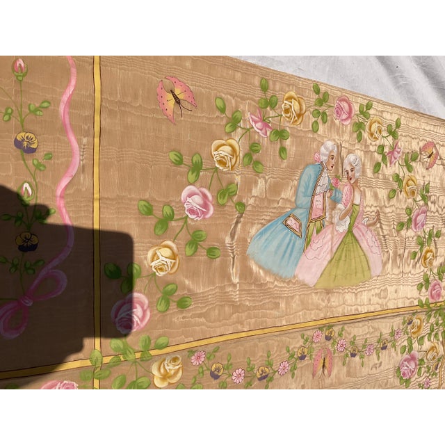 1950s French Silk Bed Topper Hand Painted For Sale - Image 4 of 12
