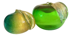 Barovier & Toso Vintage Mid Century Modern Murano Art Glass Gold Aventurine Fleck Green Apple Paperweight Sculptures - Set of 2