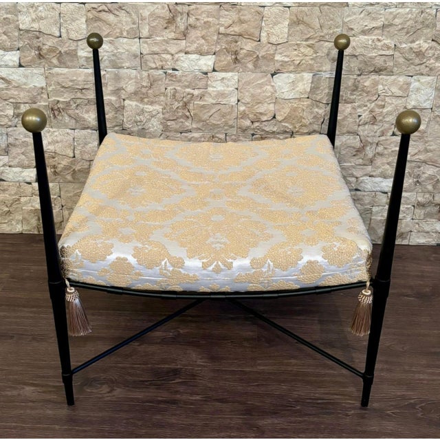 Early 21st Century New Black Wrought Iron Curule Bench with Damask Gold & White Fabric For Sale - Image 5 of 18