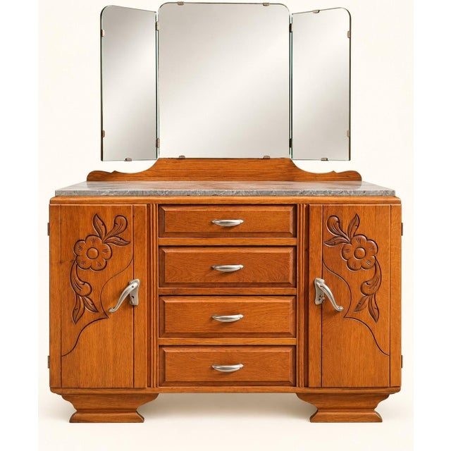 Art Deco Dressing Table in Oak and Marble with Triptych Mirror, 1930s For Sale - Image 13 of 13