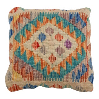 Arteverk Handwoven Afghan Kilim Pillow — Orange & Teal Diamond Medallion For Sale
