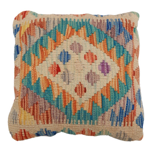 Arteverk Handwoven Afghan Kilim Pillow — Orange & Teal Diamond Medallion For Sale