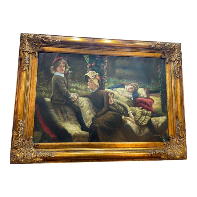 Mid 20th Century Le Blanc De Jardin (The Garden Bench) by James Tissot Oil on Canvas Reproduction by "Raymond" For Sale