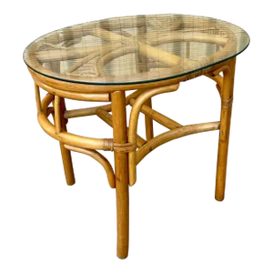 Costal Style Split Bamboo and Rattan Boho Side Table. Circa 1980s