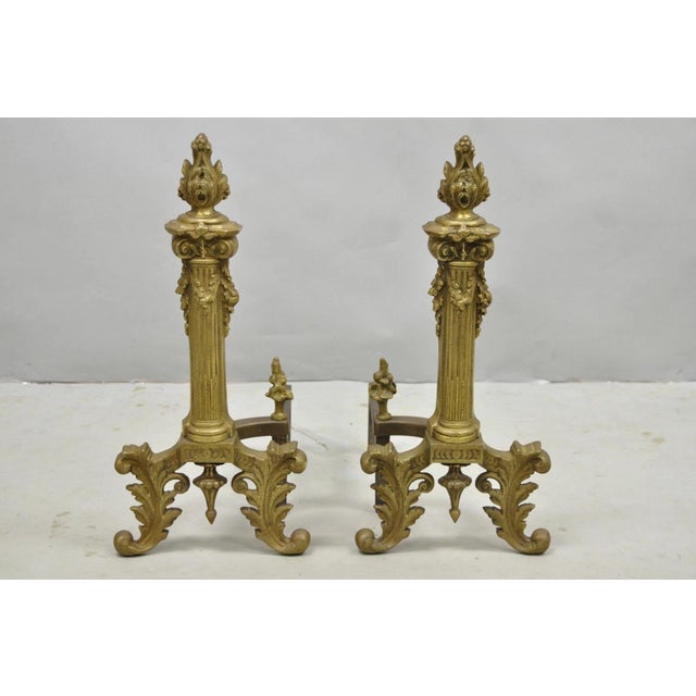 Antique French Empire Style Bronze Corinthian Column Fireplace Andirons - A Pair For Sale - Image 14 of 14