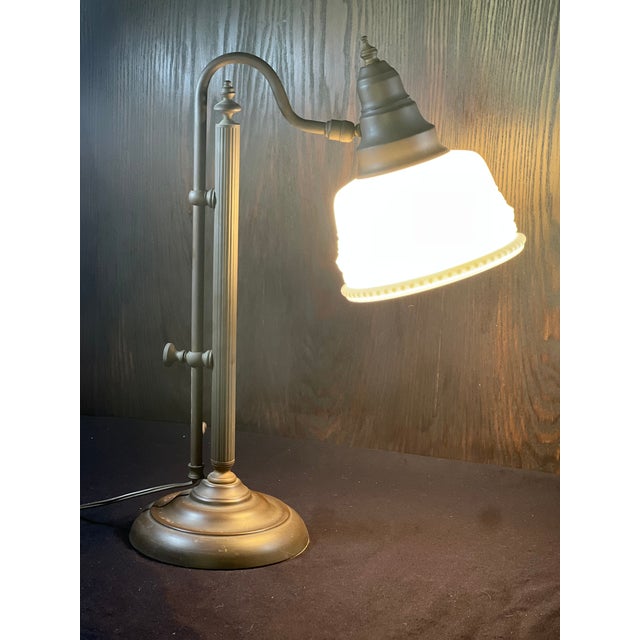Early 20th Century Vintage Brass Adjustable Table Lamp With Frosted White Glass Shade For Sale - Image 5 of 11