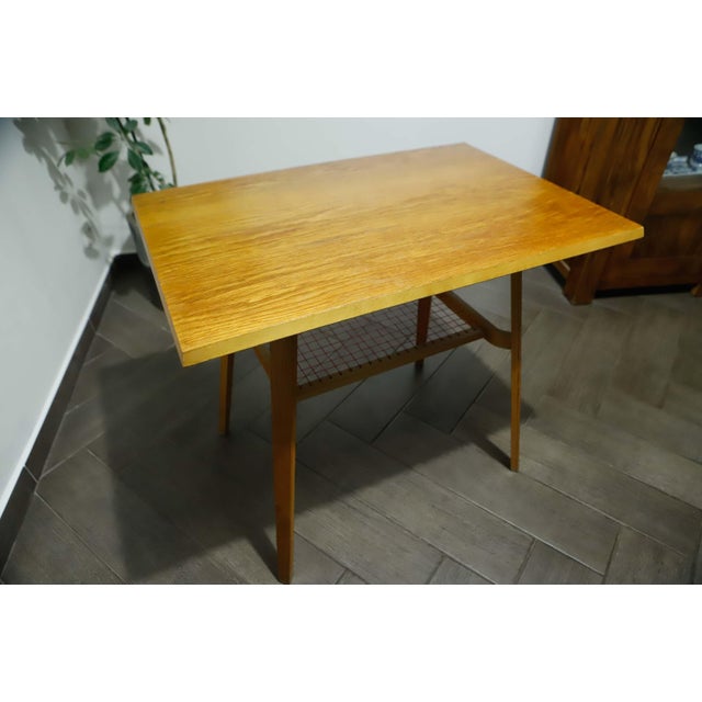 Brussels Table with Red Woven Shelf by Dřevopodnik Holešov, 1960s For Sale - Image 4 of 14