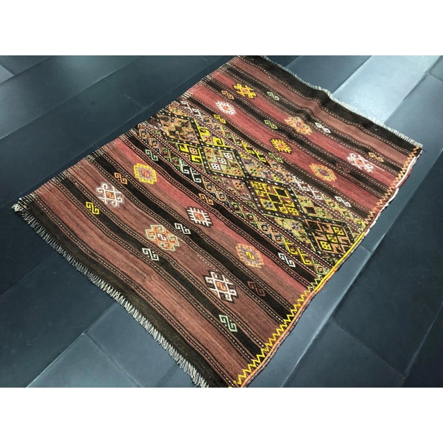 Boho Chic 1960s Vintage Handmade Turkish Designer Kilim Rug- 3′8″ × 4′10″ For Sale - Image 3 of 11