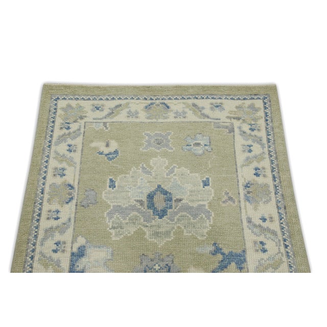 Early 21st Century Green & Blue Floral Design Handwoven Wool Turkish Oushak Rug 2'11" X 6'1" For Sale - Image 4 of 7