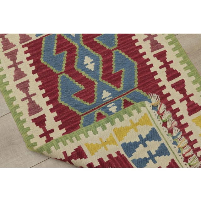 1960s 1960s Turkish Geometric Red and Blue Hand Knotted Kilim Rug For Sale - Image 5 of 13