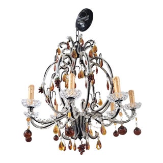 Vintage Italian Designer Beaded & Amber Glass Hot Air Balloon 8 Light Chandelier For Sale