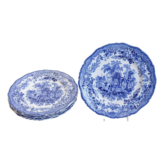 English Blue and White Transfer Plates with Gothic Ruins Motifs, 19th Century For Sale
