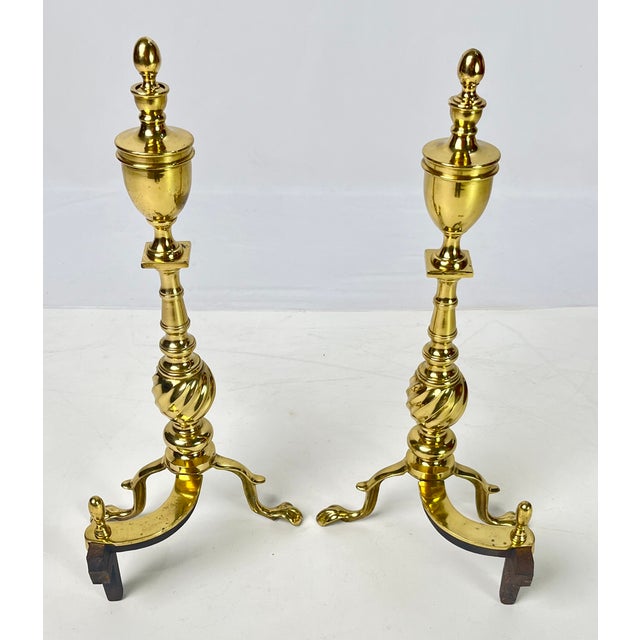 Pair of Vintage Brass Urn & Spiral Federal Style Flame Top Andirons – Claw & Ball Feet For Sale - Image 10 of 13