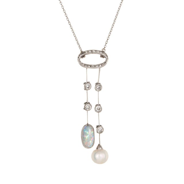 Early 20th Century Antique Edwardian Negligee Necklace Opal Diamond Pearl Platinum Vintage For Sale - Image 4 of 4