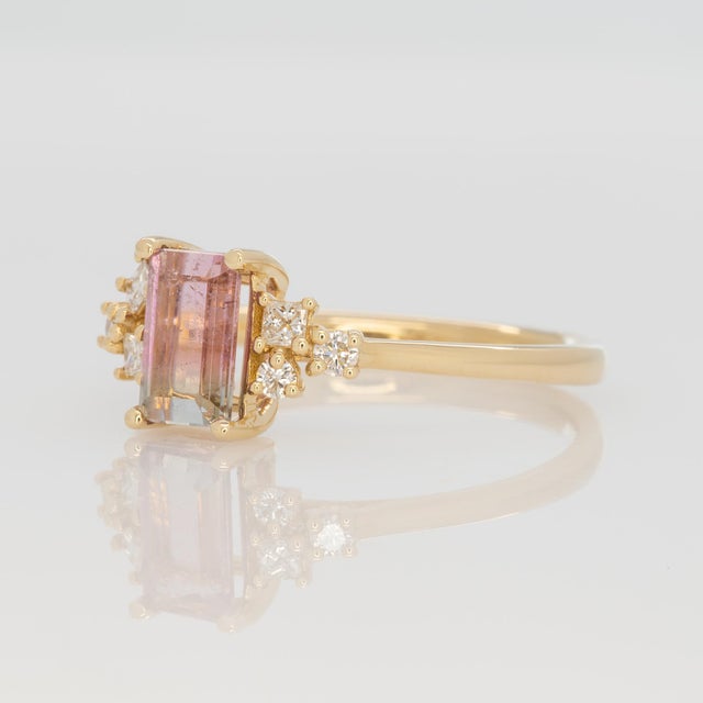 2020s Watermelon Tourmaline Ring With Natural Diamond Accents: Solid 14k Gold, 7x4.5mm, Size 6.75 For Sale - Image 5 of 8