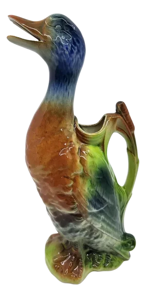 Art Nouveau Polychrome Slip and Earthenware Duck Pitcher from Saint Clément
