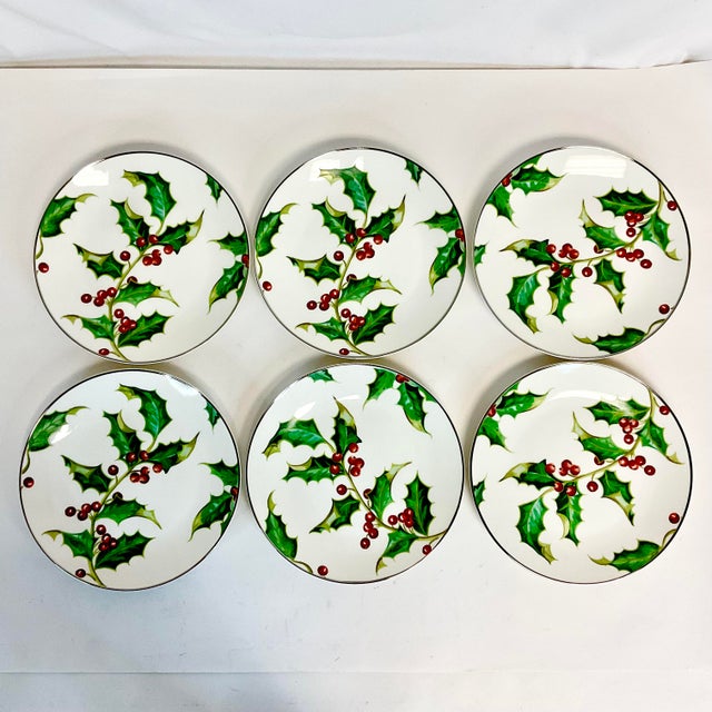 Restoration Hardware 2001 Americana Hollywood Regency Restoration Hardware Holly Berry Salad Plates - Set of 6, Christmas For Sale - Image 4 of 15
