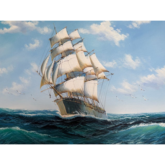 Striking vintage oil painting on canvas depicting a majestic sailing ship cutting through rolling ocean waves under an...