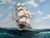 Striking vintage oil painting on canvas depicting a majestic sailing ship cutting through rolling ocean waves under an...