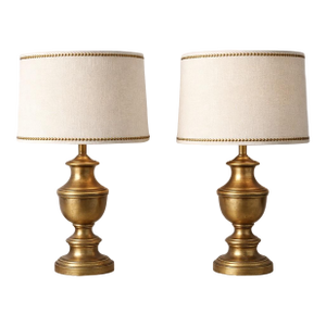 Vintage Solid Brass Table Lamps With Nailhead Linen Shades - a Pair