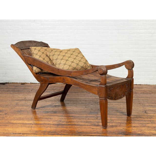 Asian Antique Indonesian Reclining Plantation Chair with Bamboo Slats and Carved Décor For Sale - Image 3 of 10