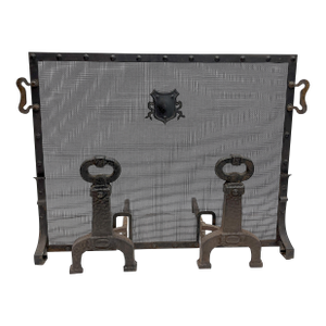 1920's Cahill Iron Works 3-Piece Cast Iron Fireplace Set With Andirons and Screen