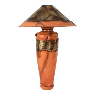 Mexican Leather and Pressed Tin Table Lamp For Sale