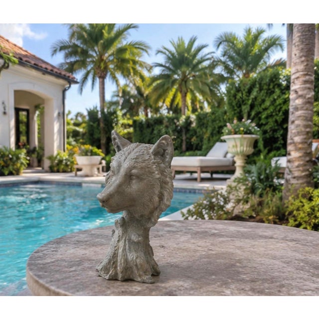 Metal Vintage Cast Iron Wolf Bust Garden Statue For Sale - Image 7 of 12