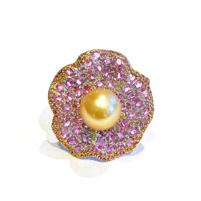 Late 20th Century Bochic “Orient” Vintage South Sea Pearl & Pink Sapphire Ring Set 18K Gold & Silver For Sale - Image 5 of 7