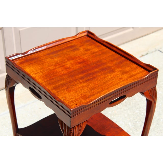 Brown Vintage Georgian Style Mahogany Tray Top Side Table, Circa 1950s–1970s | Ball & Claw Feet | Carved Cabriole Legs | Butler’s Table | 18” Square For Sale - Image 8 of 17
