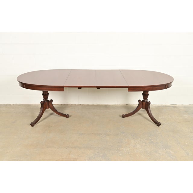 Wood Baker Furniture Style Regency Mahogany Double Pedestal Extension Dining Table, Newly Refinished For Sale - Image 7 of 14