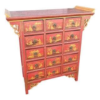 Vintage Chinese Hand Painted Red Angle Apothecary Dresser For Sale