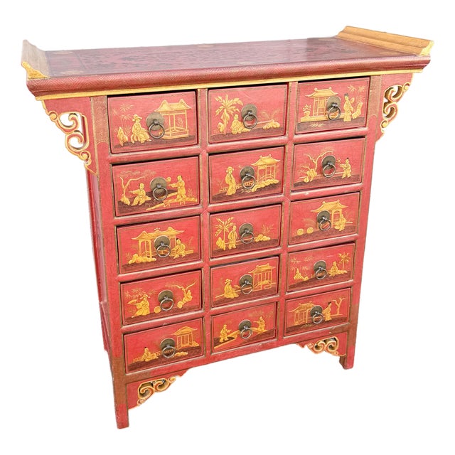 Vintage Chinese Hand Painted Red Angle Apothecary Dresser For Sale