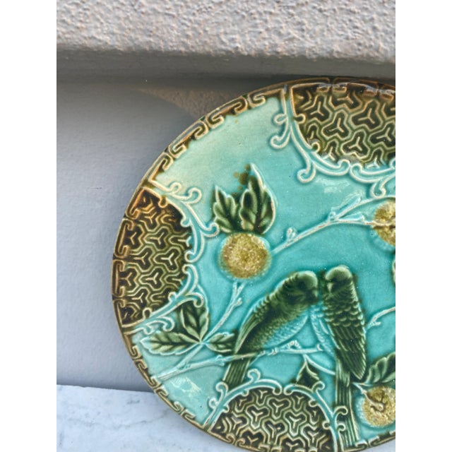French Majolica Parakeets Plate Salins, Circa 1890 For Sale - Image 3 of 5