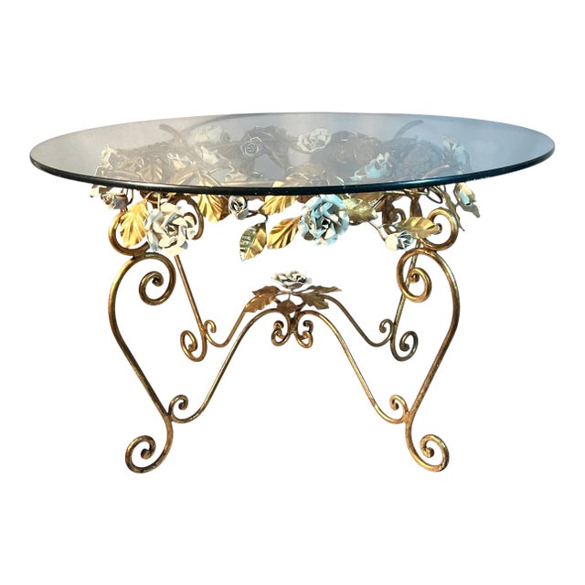 Gilt Table With 24 Tole White Roses & Leaves Glass Top Italian Hollywood Regency For Sale