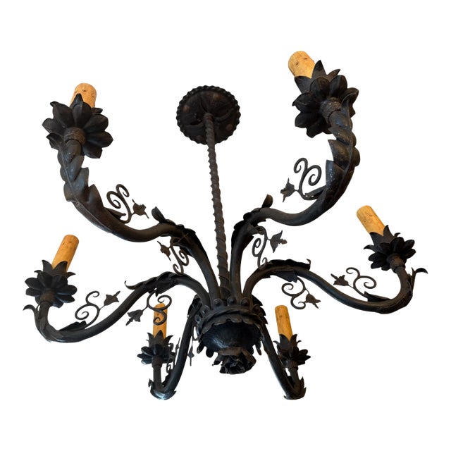 Antique Hand Forged Iron Chadelier With Acanthus Leaves, Roses and Botanicals For Sale