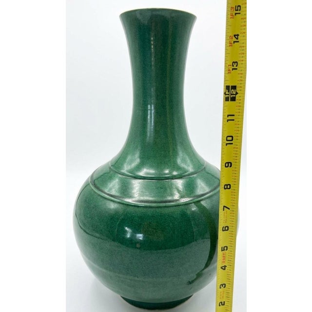 Asian Apple-Green Crackle-Glazed Porcelain Bottle Vase, Qing Dynasty, 18th Century With Two Rings For Sale - Image 3 of 5