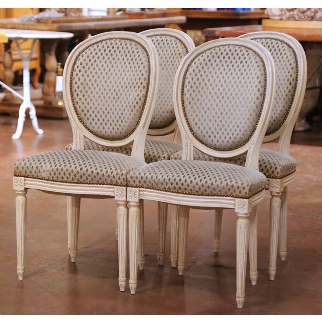 Mid-Century French Louis XVI Painted Dining Side Chairs With Fabric, Set of 4 For Sale In Dallas - Image 6 of 11