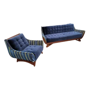 Mid Century Modern Adrian Pearsall Style Gondola Sofa & Club Chair Set Newly Reupholstered in Patterned Chenille With Blue Mohair