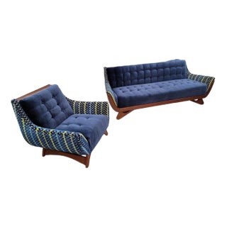 Mid Century Modern Adrian Pearsall Style Gondola Sofa & Club Chair Set Newly Upholstered in Patterned Chenille With Blue Mohair For Sale