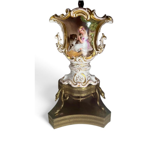 French 19th Century French Vieux Paris Hand-Painted Porcelain Vase Table Lamp Gilt Brass Swan Base. For Sale - Image 3 of 12