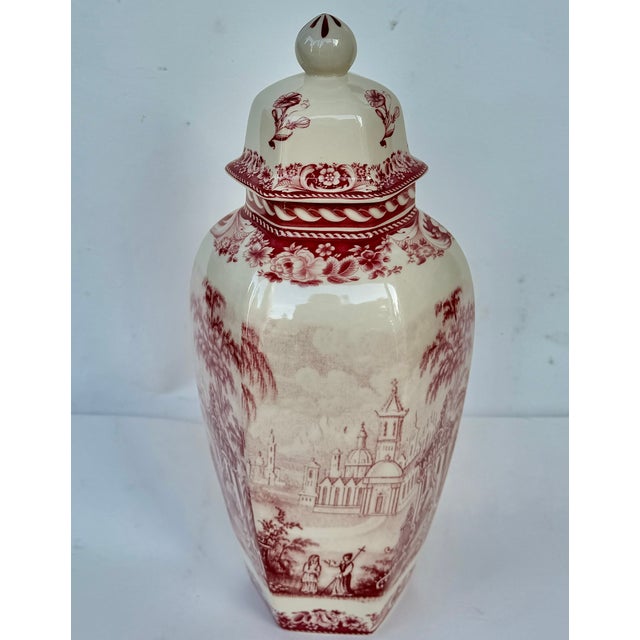English Red and White Chinoiserie Transferware Porcelain Lidded Jar For Sale - Image 10 of 12