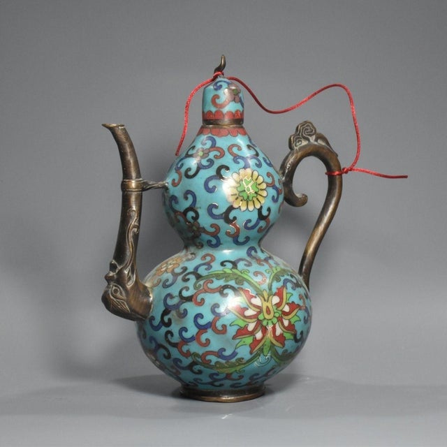 This is a finely crafted antique cloisonné enamel ewer or wine pot, featuring a double-gourd (hulu) form, a traditional...