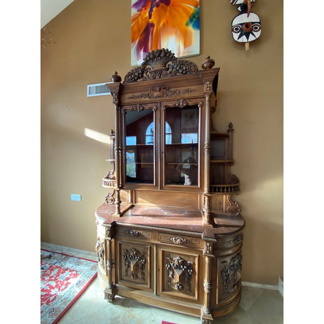 Antique French Renaissance Style Heavily Carved Walnut Buffet Hutch With Glass Doors (Jg) For Sale - Image 4 of 16